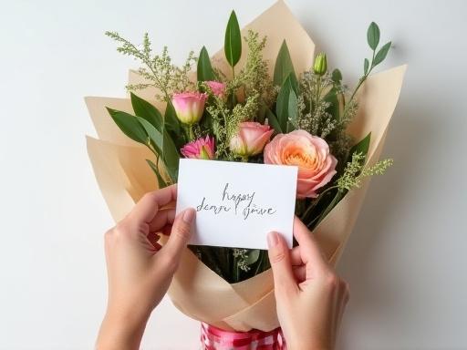 メッセージカードとリボンで飾られた美しいギフト用の花束